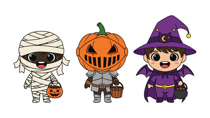 Halloween Trio: Delightful cartoon characters, dressed as a mummy, a jack-o'-lantern, and a charming little sorcerer, joyfully celebrate the spirit of Halloween.