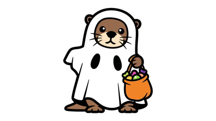 Otter in Halloween costume : An adorable otter dressed up as a ghost for halloween, holding a bag full of sweets, ready for trick or treat. 
