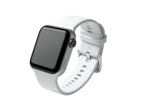 Modern smartwatch with white strap, dark screen, and gray metal casing