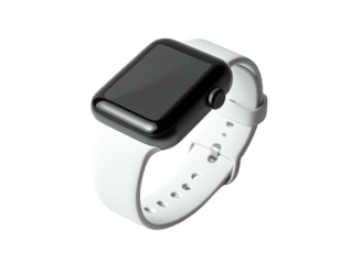 Smartwatch with black screen and white strap, angled, isolated on black background