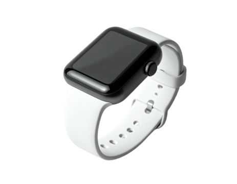 Smartwatch with black screen and white strap, angled, isolated on black background