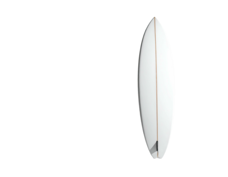 Isolated, pristine white surfboard with a streamlined design against a black backdrop