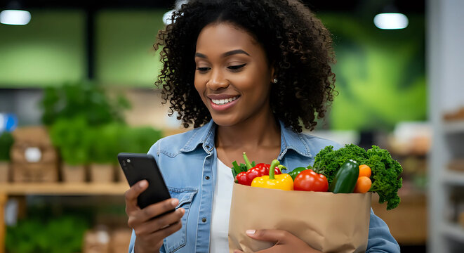 Portrait of young African American woman using smartphone, holding grocery bag of fresh vegetables, supermarket aisle background - healthy lifestyle, clean eating, wellness, modern shopping app
