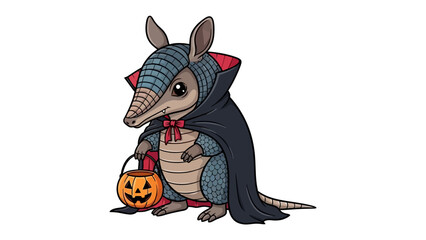 Armadillo's Halloween Costume: An adorable armadillo in a cartoon illustration wears a vampire costume, carrying a pumpkin trick-or-treat pail.