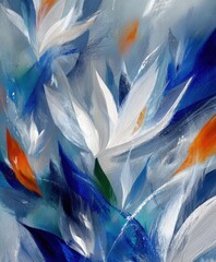 Serene floral essence: The image unveils a tranquil scene, portraying a cluster of delicate white blossoms, artistically painted with broad brushstrokes and a calming palette of blue and orange. 