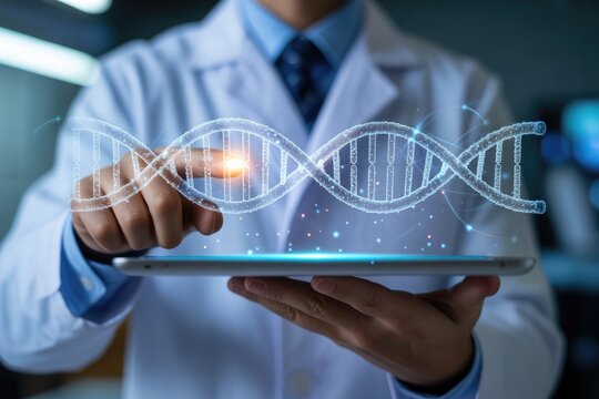 Scientist interacts with futuristic holographic dna structure on tablet in modern laboratory setting