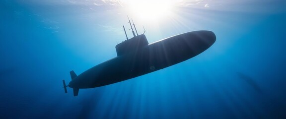 Fototapeta premium Submerged submarine silhouetted against shafts of sunlight penetrating the ocean depths, sunbeams, image