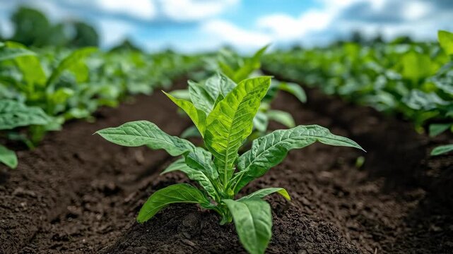 Green plant saplings in rows on fertile soil under blue sky