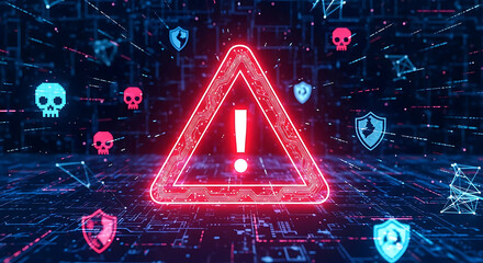 Red Warning Triangle with Exclamation Mark and Cyber Threat Icons danger alert