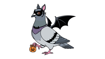 Halloween Pigeon Costume: A whimsical illustration of a pigeon dressed up for Halloween in a creative bat-themed costume, carrying a pumpkin treat bag, all designed with a delightful artistic style.