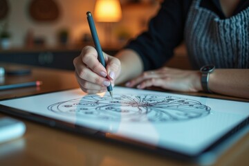 Fresh Concept: Female Graphic Designer Creating Detailed Sketches on Tablet in Artistic Workspace