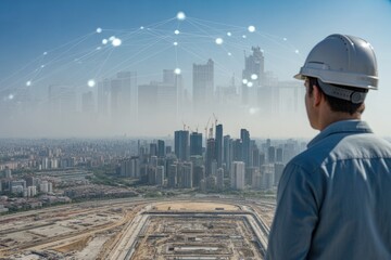 Skilled engineer gazing at futuristic cityscape digital overlay symbolizing progress and innovation