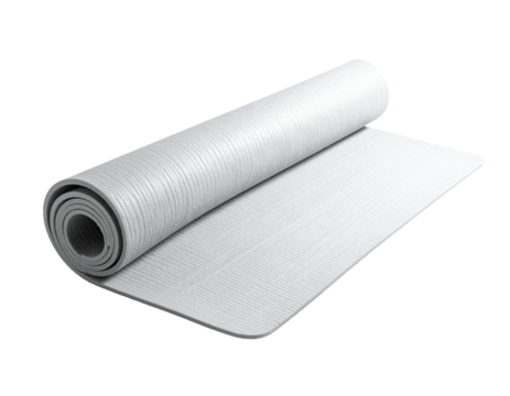 Rolled-up, light gray exercise mat on a black background