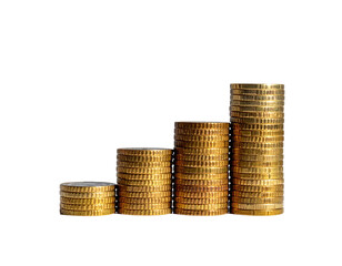 Stacked gold coins rise in a staircase pattern, representing growth against black