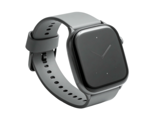 Modern smartwatch in grayscale, angled perspective, with a minimalistic watch face