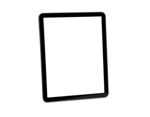 Isolated, tilted tablet with blank white screen, black bezel, and dark background