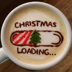 Festive latte art: coffee cup with 'Christmas loading' and tree with candy cane on a wooden table