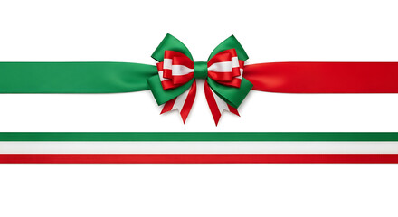 A festive bow made of red, white, and green ribbons, resembling the italian flag, isolated on a white background
