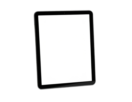 Isolated, tilted tablet with blank white screen, black bezel, and dark background
