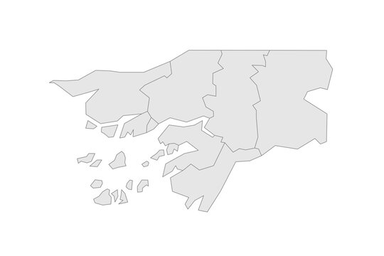 Guinea-Bissau political map of administrative divisions - regions and autonomous sector of Bissau. Grey blank vector editable map EPS.