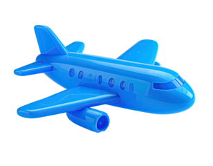 A vibrant blue plastic toy airplane against a stark black background