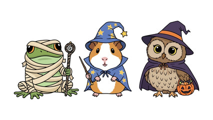 Halloween Animals: Enchanting array of whimsical Halloween creatures, each donned in charming costumes: A mummy frog, a wizard guinea pig, and an owl with a carved pumpkin in the Halloween season.