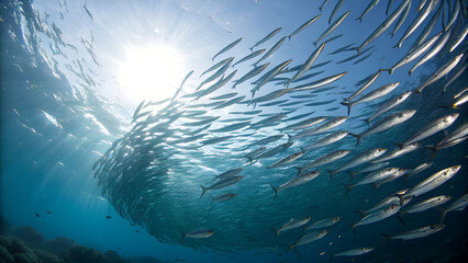 Large school of silver fish swimming together underwater illuminated by sunlight from above in deep ocean perfect for marine life photography, aquatic ecosystem visuals and underwater design