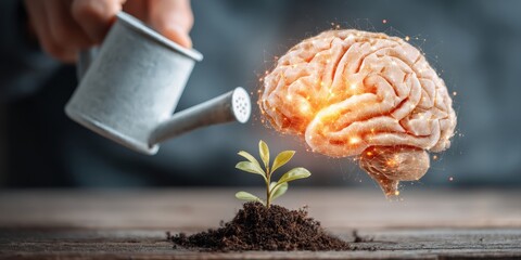 Nurturing Intelligence and Growth: A conceptual image capturing the essence of mental growth, depicting a nurturing gesture as the brain is stimulated for innovative ideas.