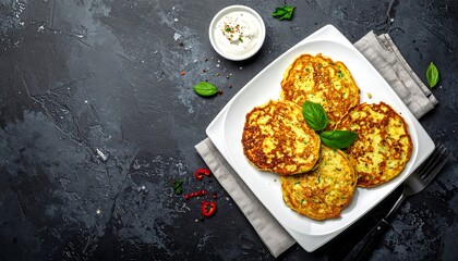 Four golden zucchini fritters on a white plate, garnished with fresh basil, set against a dark gray stone background