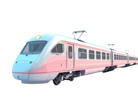 Pastel-colored high-speed train with multiple cars, set against a black backdrop