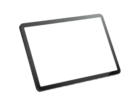Isolated, black tablet device with a dark screen and rounded corners, angled