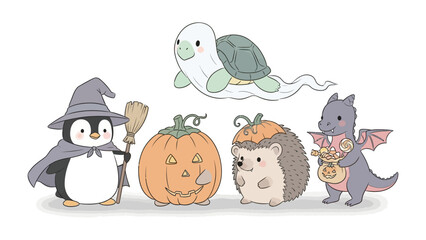 Spooky Halloween Animals: A charming group of whimsical characters dressed in Halloween costumes, featuring a penguin witch, a pumpkin, a turtle ghost, a hedgehog pumpkin, and a dragon carrying candy.