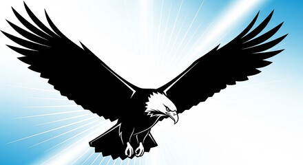 Obraz premium A majestic bald eagle soaring with outstretched wings against a bright blue sky.