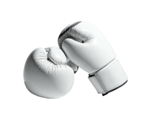 A pair of white boxing gloves, one resting on the other, against a stark black backdrop