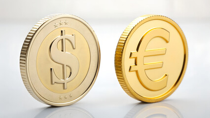 Close-up of golden dollar and euro coins standing upright on white background symbolizing finance, currency exchange, banking economy and investment concepts for global business design materials