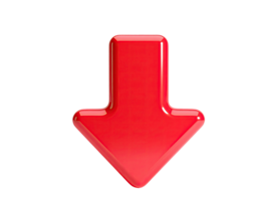 A vibrant, glossy, 3D red arrow pointing downwards against a stark black background