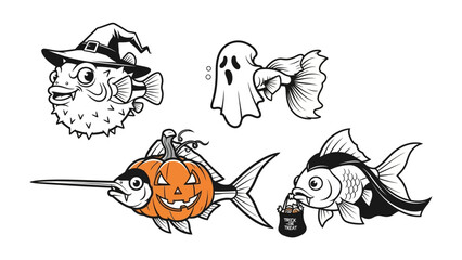 Halloween Fish Illustrations: A whimsical illustration featuring a collection of festive Halloween-themed fish, including a witch-hat-wearing pufferfish, a ghost-like goldfish.