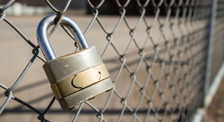 Closeup of a weathered padlock securing a chainlink fence, symbolizing security, protection, and restricted access in an urban environment