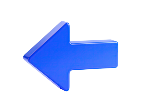 Glossy blue arrow pointing left on black background, 3D rendering