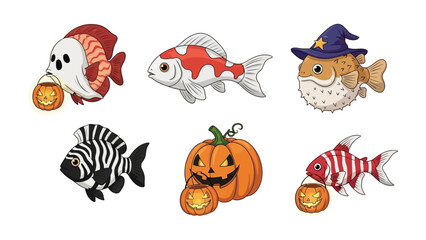 Halloween Fishes: A charming collection of aquatic creatures dressed in festive Halloween costumes, each carrying a carved pumpkin lantern in a colorful illustration, perfect for a seasonal greeting.