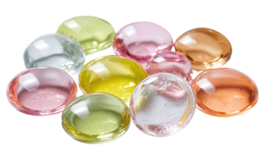 Cluster of translucent, round, colorful glass beads