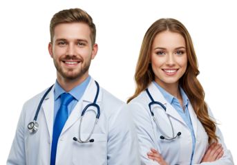 Two smiling doctors in white lab coats with stethoscopes around their necks
