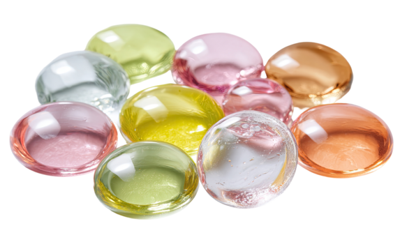 Cluster of translucent, round, colorful glass beads