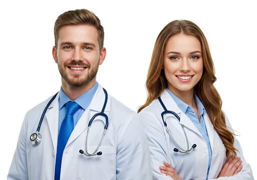 Two smiling doctors in white lab coats with stethoscopes around their necks - Powered by Adobe