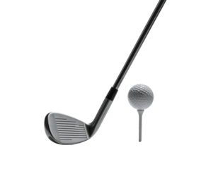 Golf club poised near a ball atop a tee, isolated against black background