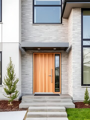 Modern home exterior with a contemporary entrance featuring a light gray stone facade, a light wood door, and large windows