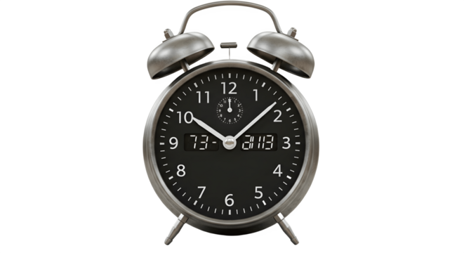 Classic Alarm Clock Set at Five O’Clock Isolated on White Background – Close-Up Retro Timepiece with Clipping Path, Vintage Bedside Clock, Morning Wake Up Concept, Time Reminder Object PNG