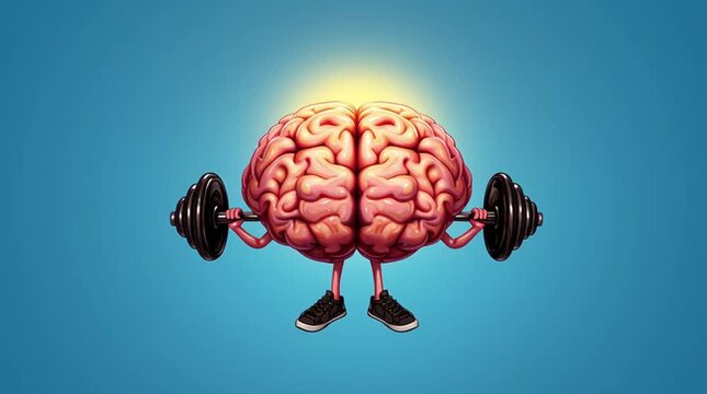 Creative illustration of human brain lifting dumbbells with muscular strength concept, symbolizing mental fitness, intelligence training, and knowledge power