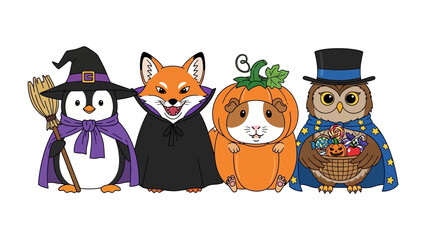 Halloween Animal Parade: A festive illustration featuring four charming animals in Halloween costumes, creating a delightful and whimsical scene filled with spooky fun.