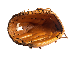Close-up shot of an open, well-worn leather baseball glove, interior visible